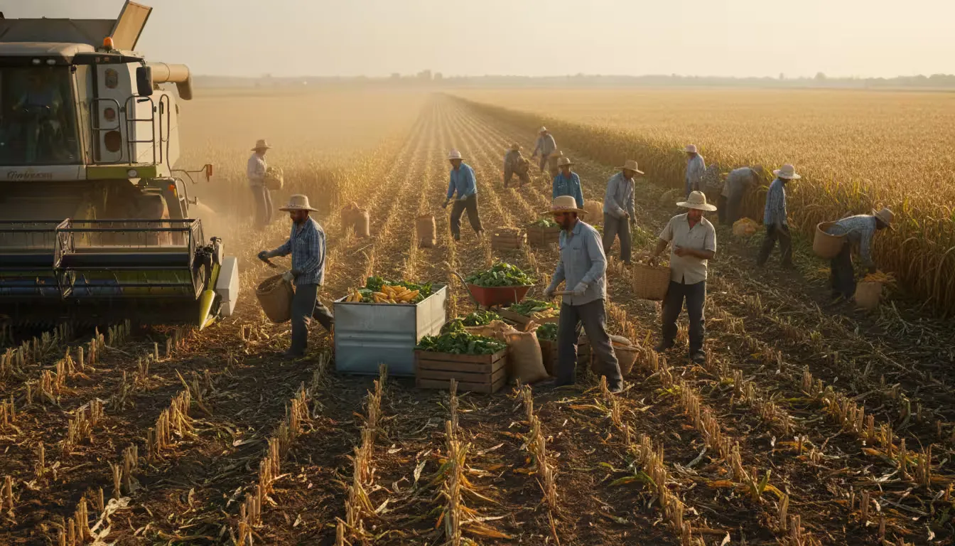 Wide landscape shot of agricultural workers during harvest season, photographed from ground level in late afternoon golden light.