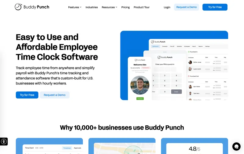 Buddy Punch employee time clock software homepage
