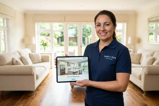 Cleaning service owner showing a service business website on a tablet