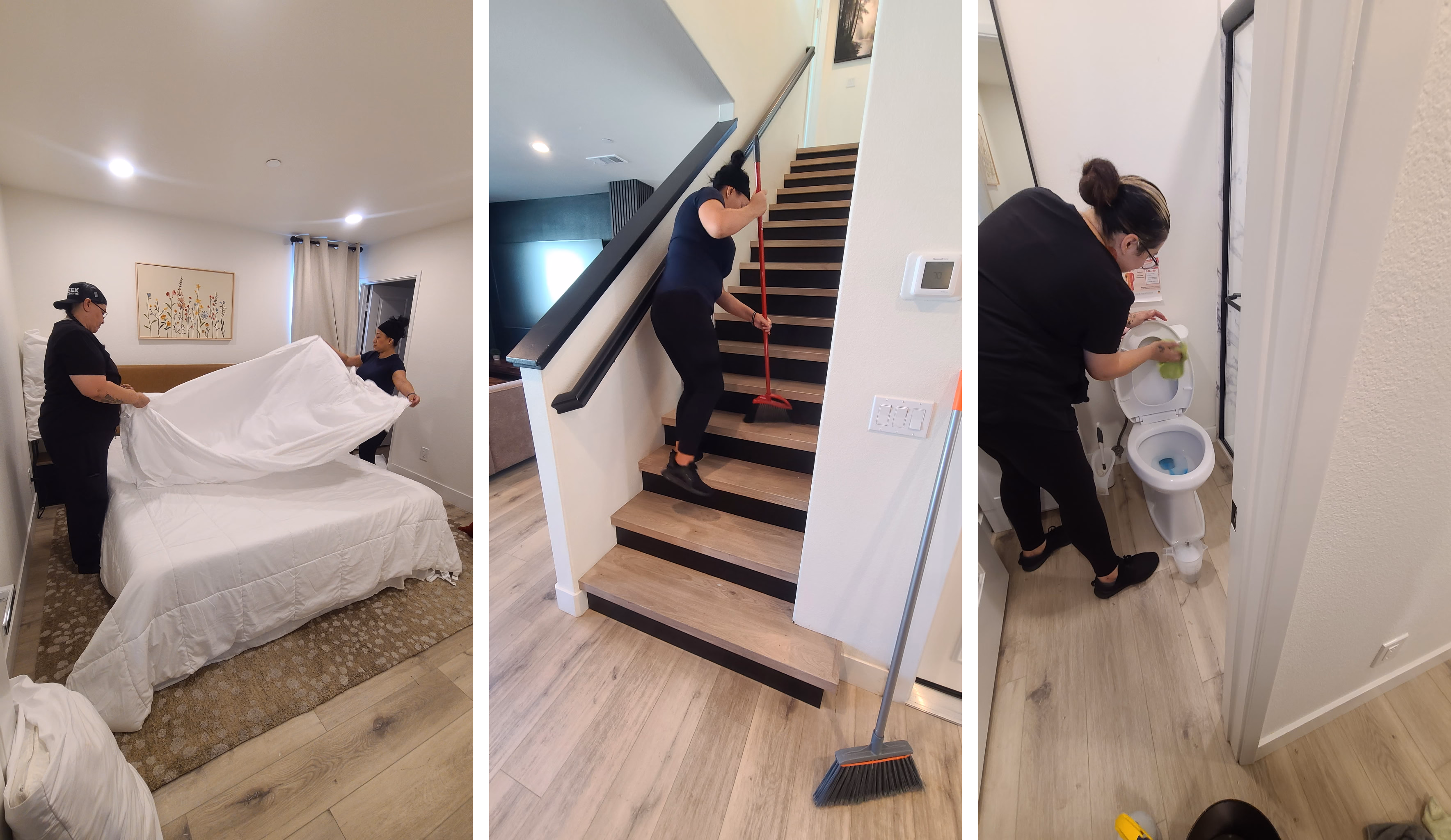 Professional cleaning team in action: making beds, sweeping stairs, and deep cleaning bathrooms - the detailed turnover work that SixThree8 manages across multiple vacation rental properties