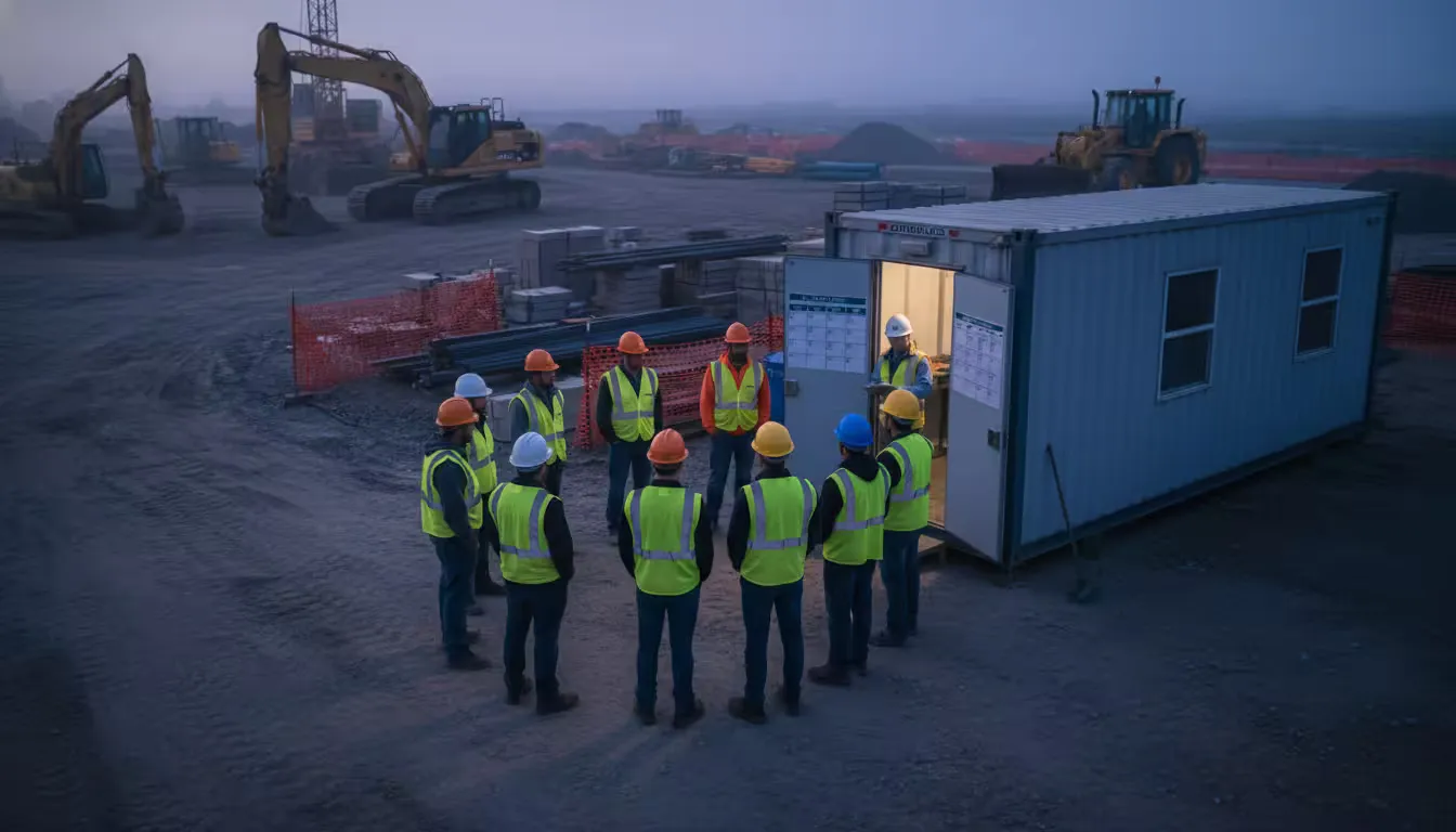 Construction site at dawn with small crew of workers gathered for morning briefing
