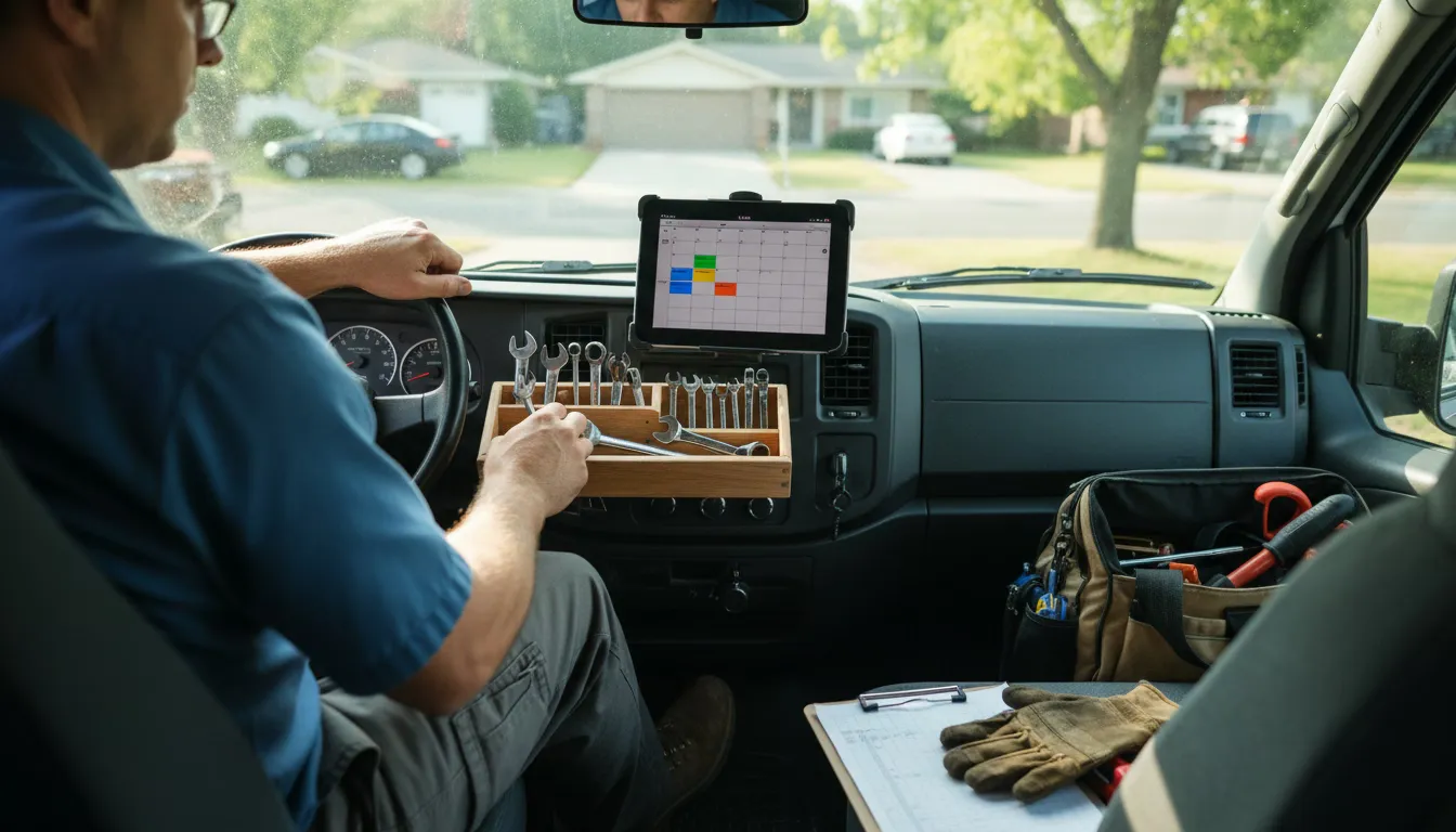 HVAC contractor organizing tools and tablet in service van before job