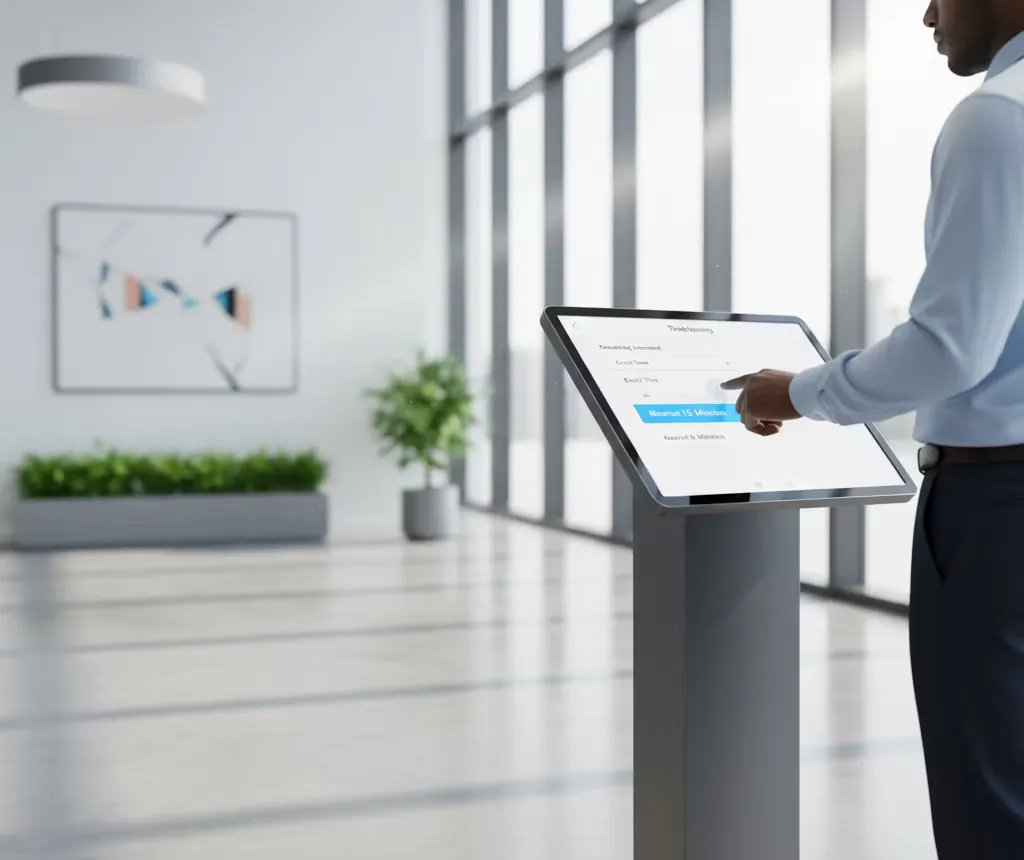 Team member clocking in on a digital kiosk showing time rounding options