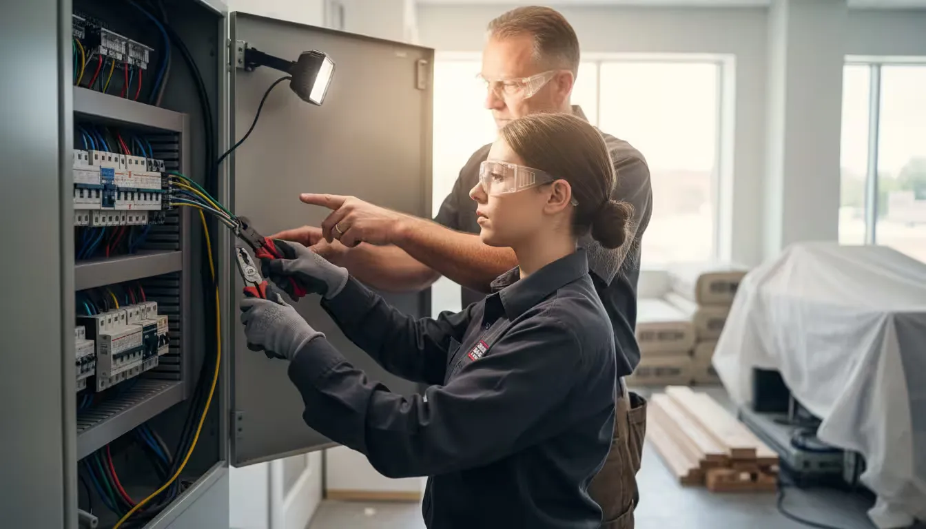 Electrical apprentice working inside commercial panel under master electrician supervision.