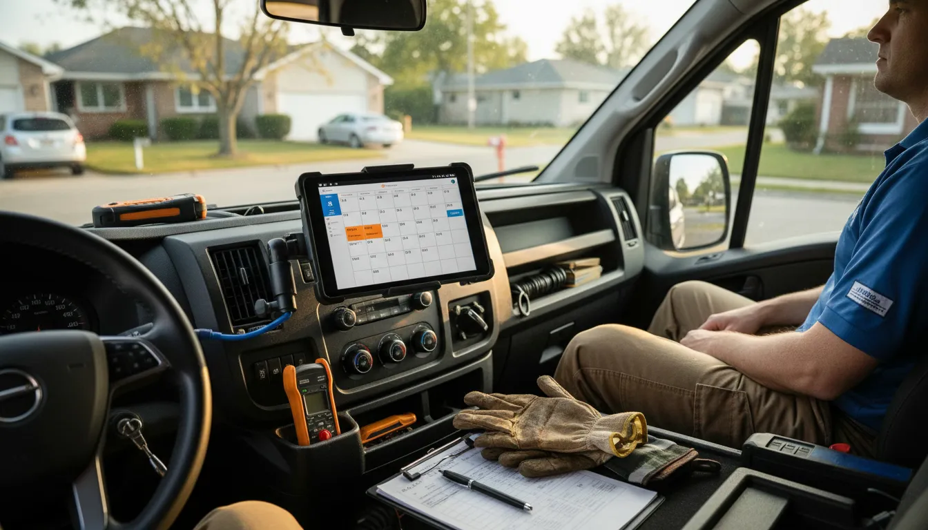 HVAC service van interior with scheduling tablet and work equipment