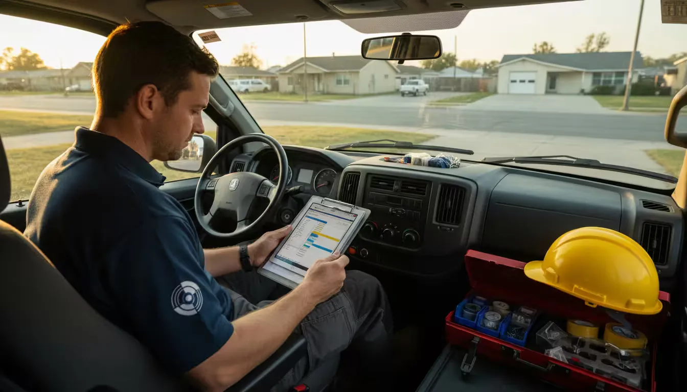 Field technician reviewing clipboard at dawn