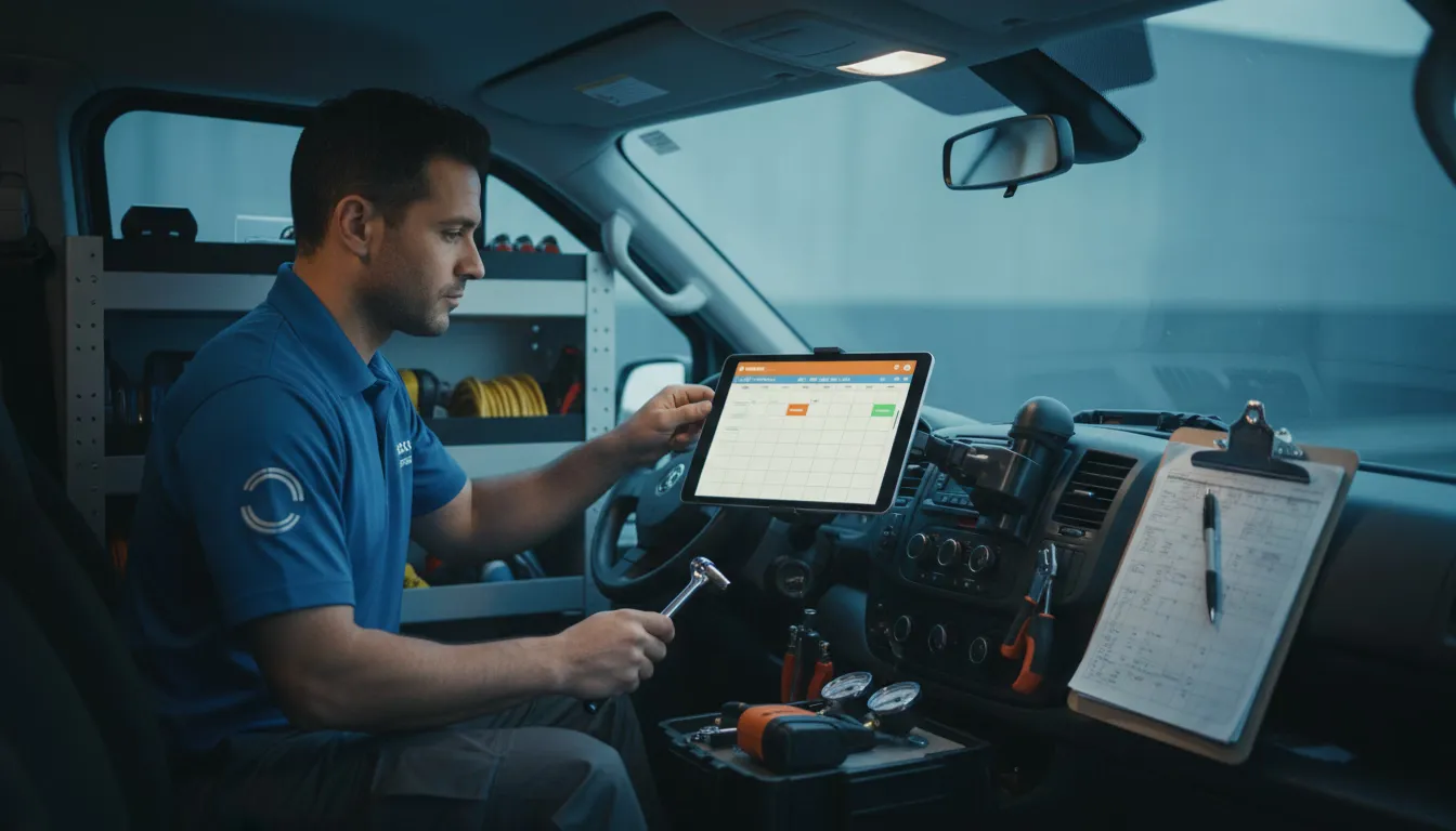 HVAC technician reviewing service schedule in van at dawn