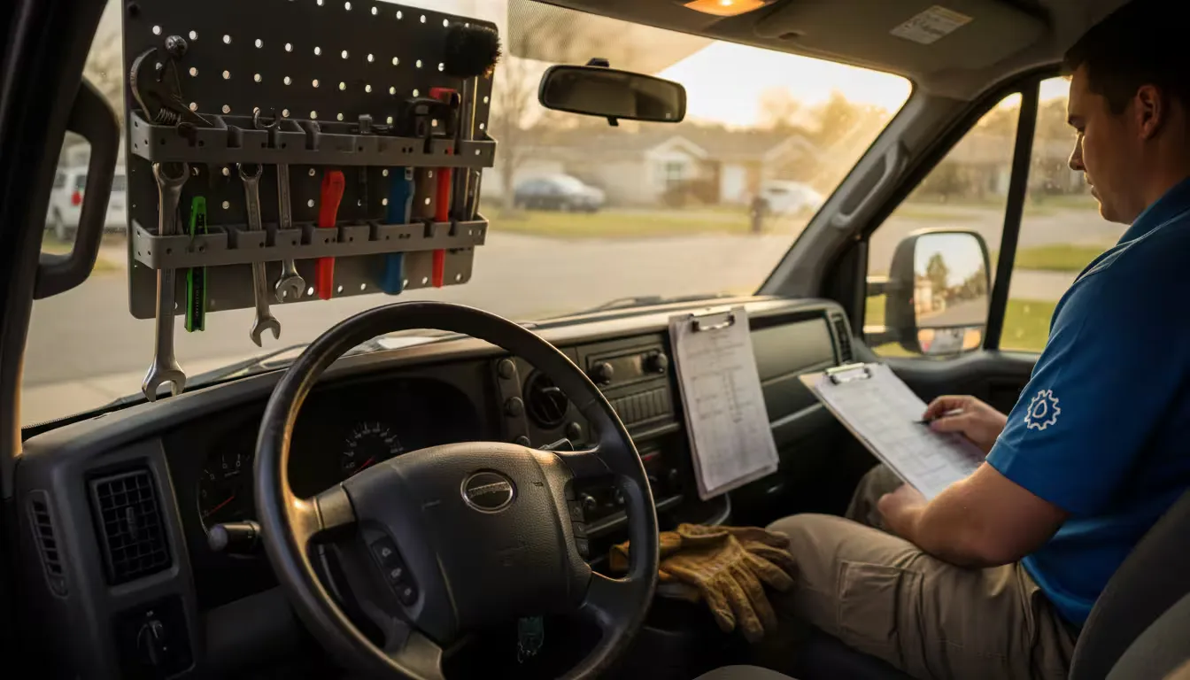 Over-the-shoulder shot inside a service van during golden hour showing the organized interior workspace of an HVAC technician with tools mounted on custom racks and service clipboard.