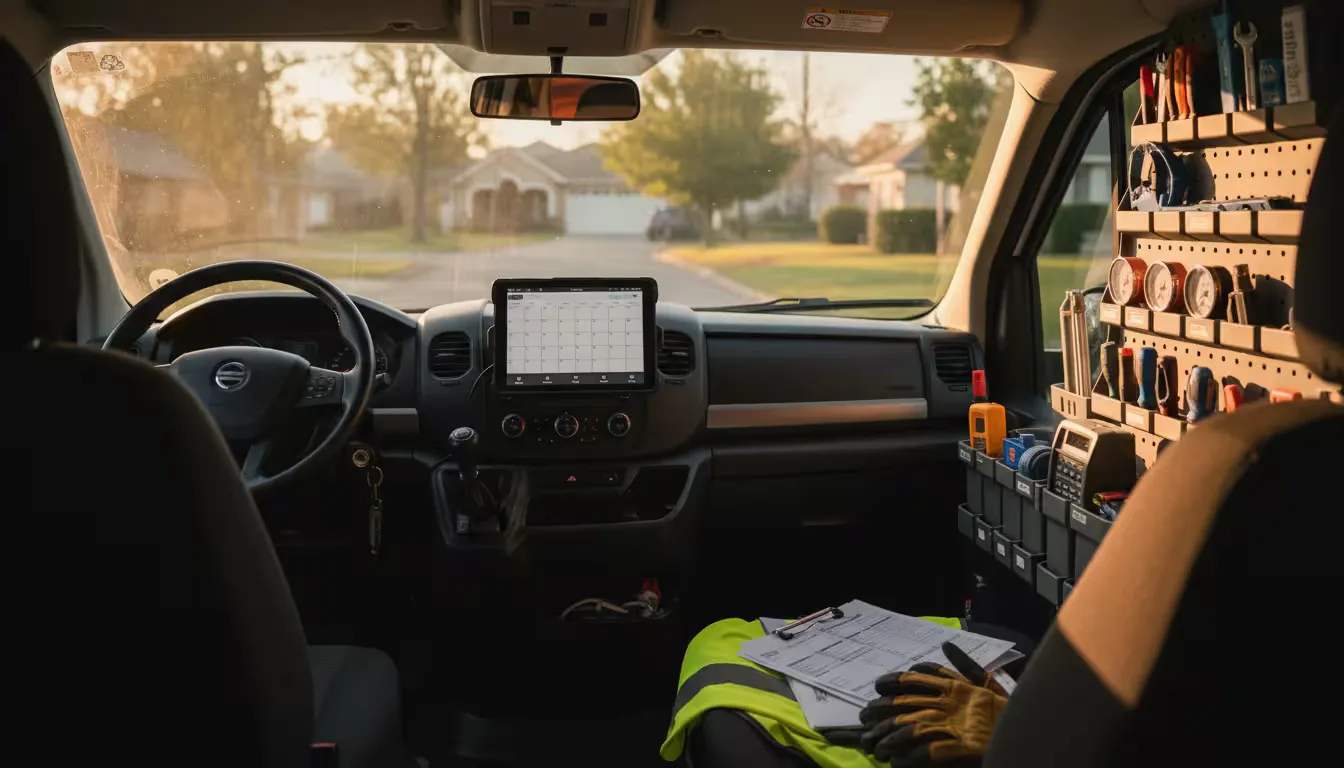 Photorealistic close-up shot from inside a service van during early morning hours, showing the organized interior with tools, equipment, and a mounted