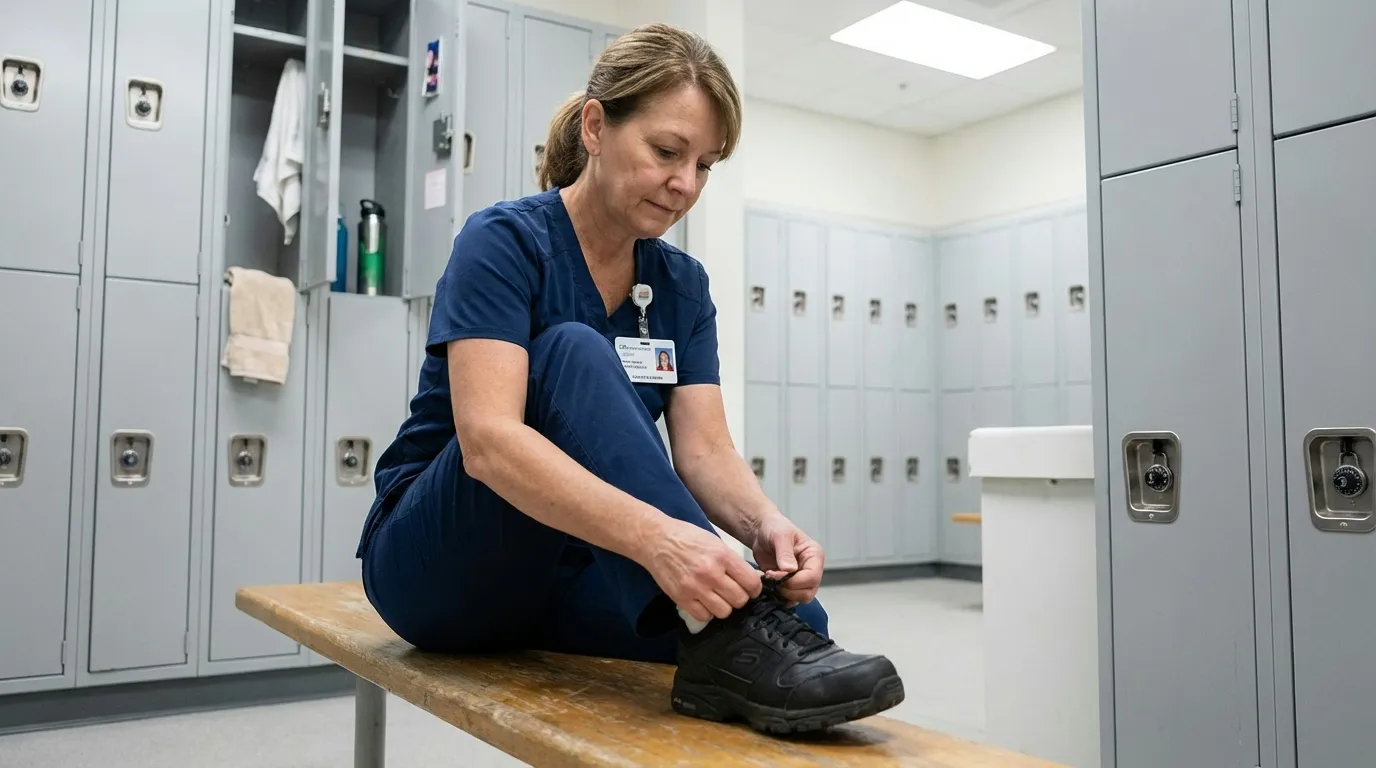 Healthcare aide in scrubs tying shoes in hospital locker room before shift