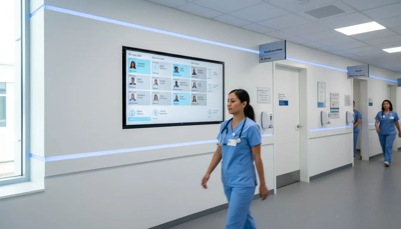 Digital employee directory display in medical clinic coordination area