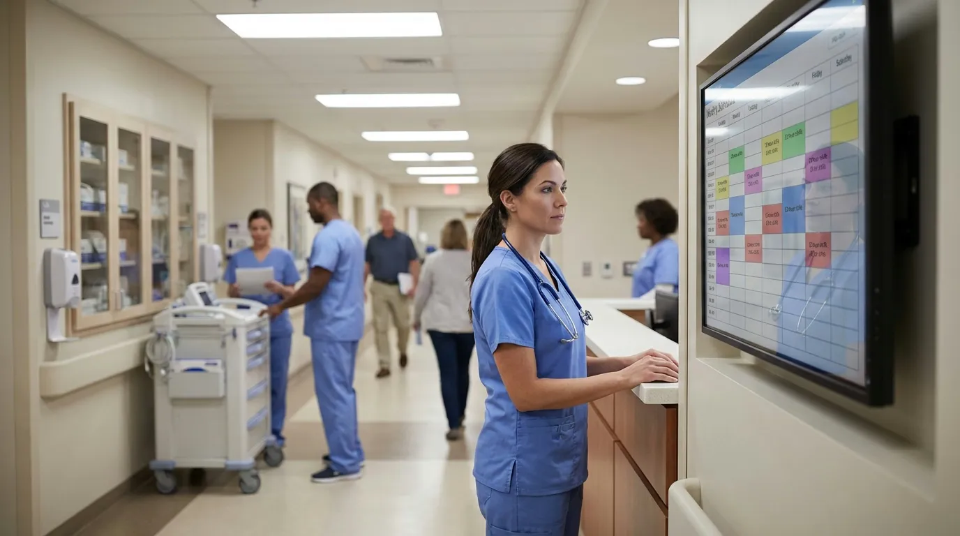 Nurse at hospital station reviewing compressed weekly shift schedule