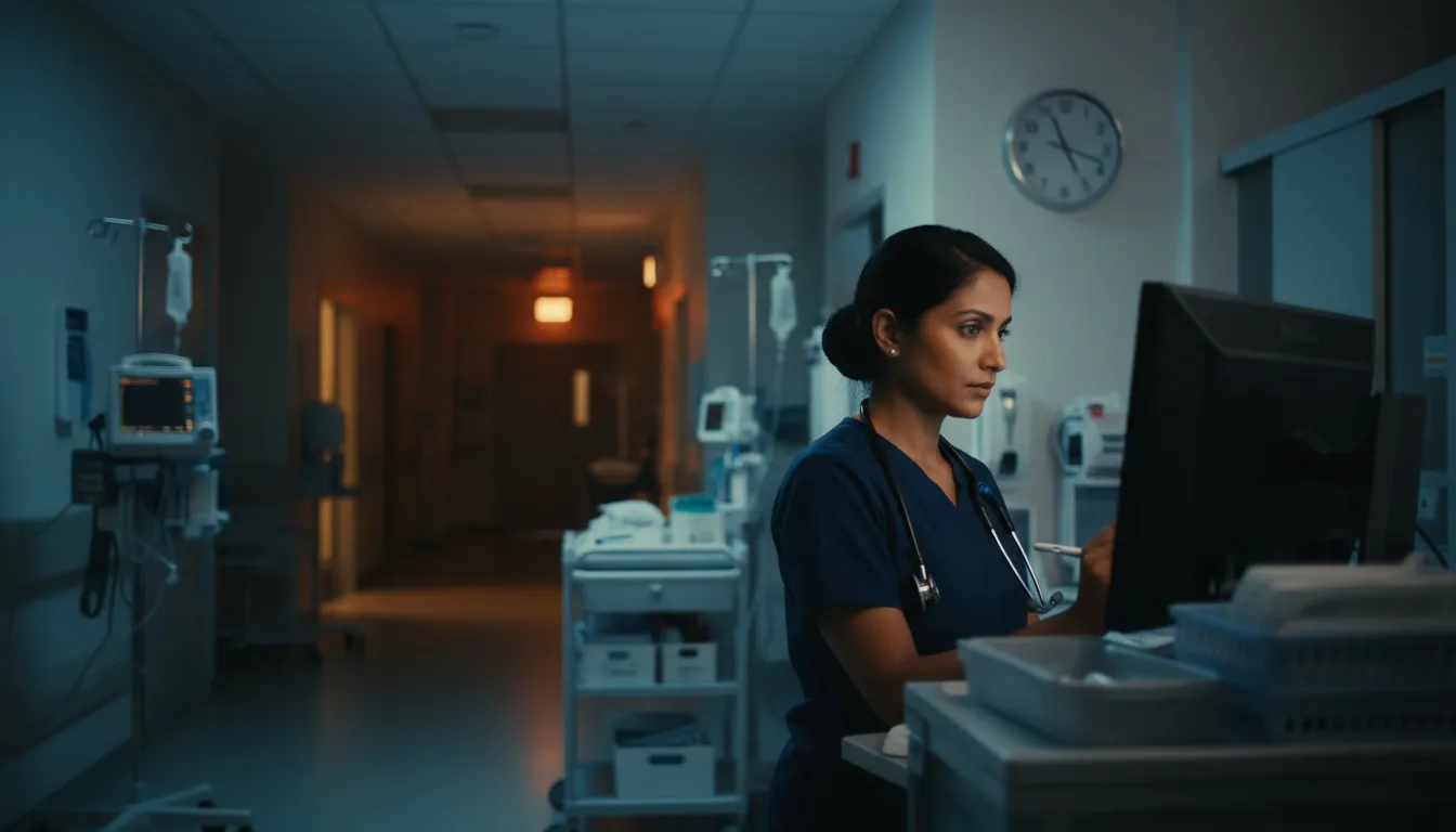 Nurse reviewing charts at hospital station during overnight shift