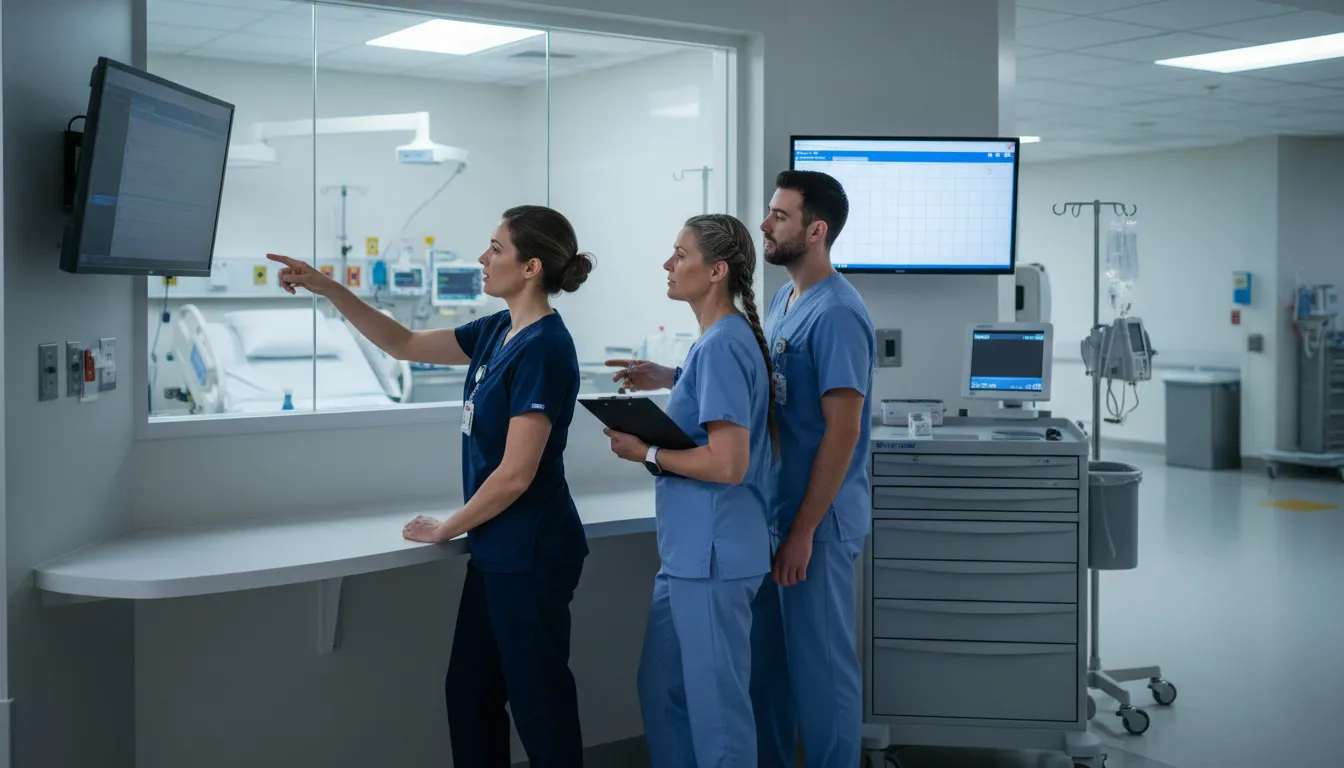 ICU nurses conducting patient handoff at nursing station during shift change