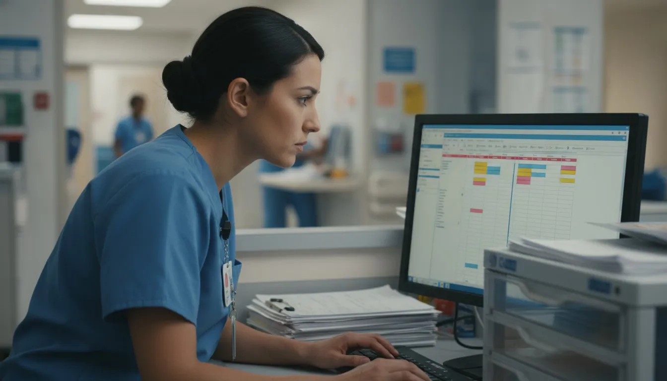 Charge nurse reviewing staffing assignments at hospital nurse station