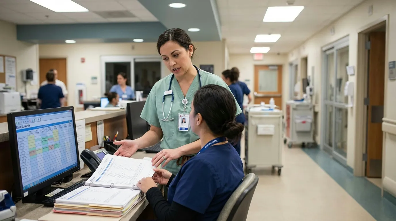 Two nurses coordinating patient care during shift change at nursing station