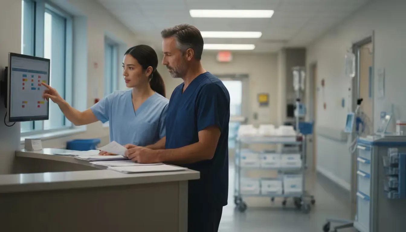 Eye-level shot of a medical facility corridor during an early morning shift change, soft fluorescent lighting creating clean, clinical atmosphere.