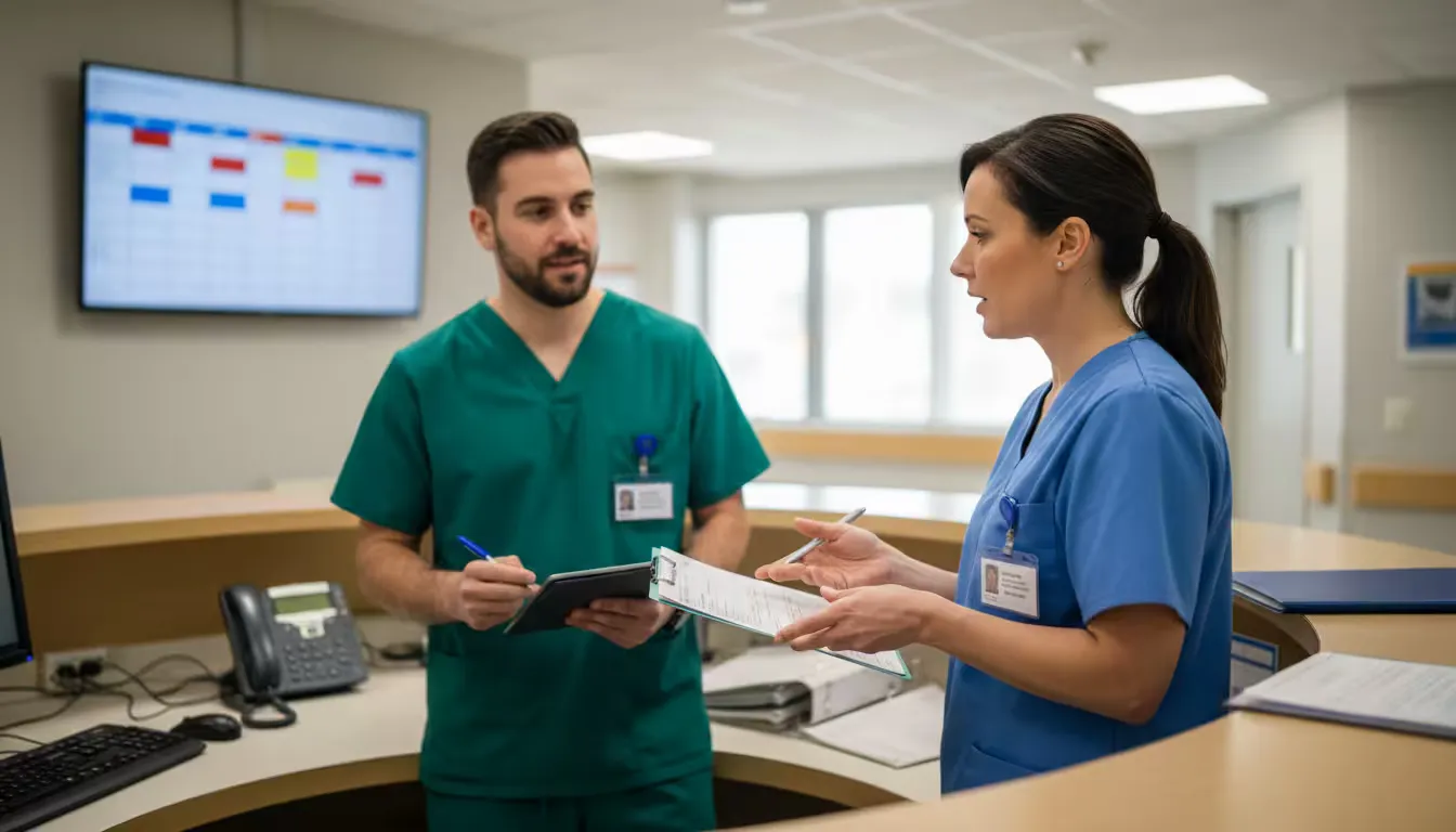 Close-up shot of two healthcare workers at a nurses' station during shift change, demonstrating clear communication behaviors.