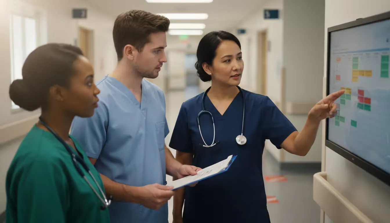 Medium close-up shot at a nursing station during shift change in a medical facility.