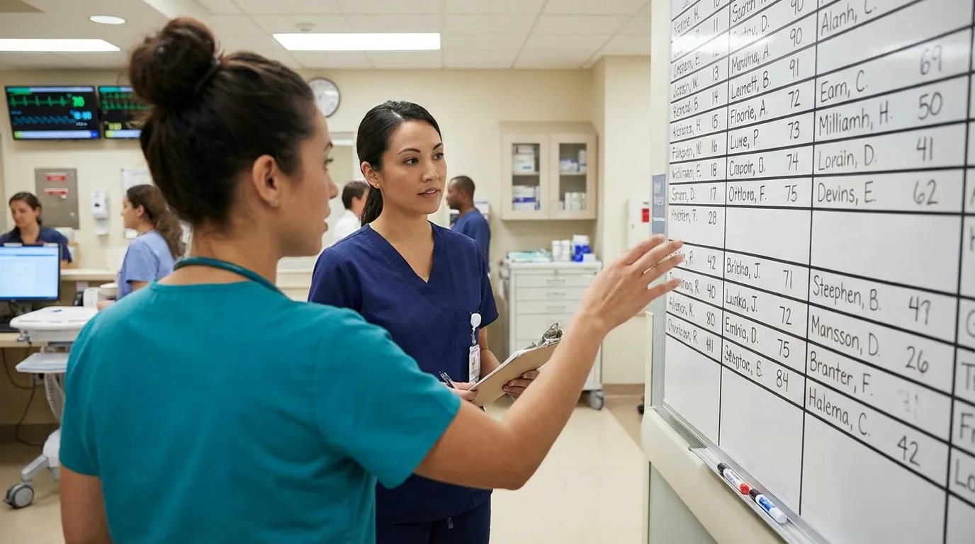 Two nurses during shift handoff at hospital nursing station