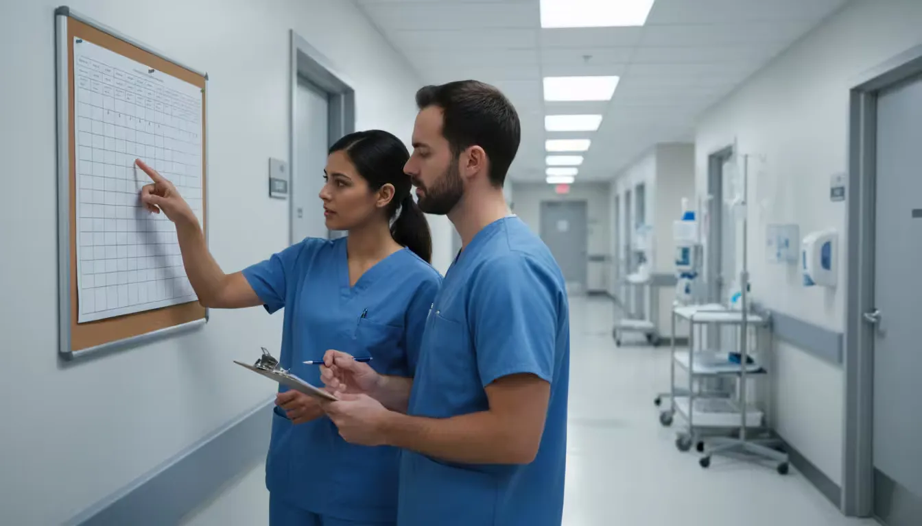 Photorealistic medium shot of a medical clinic hallway during shift change, captured at eye level showing two healthcare workers in scrubs at a wall-m