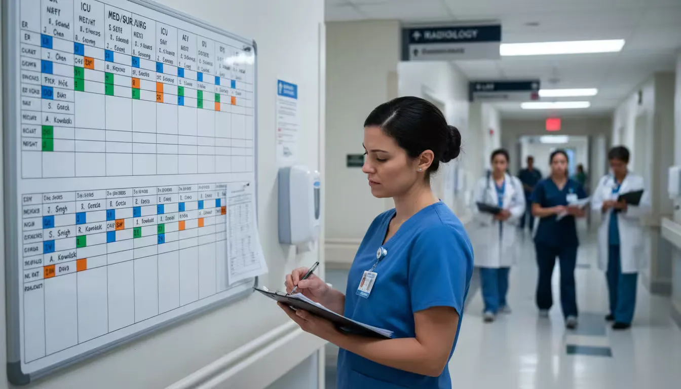 Hospital staff reviewing a schedule board at shift change