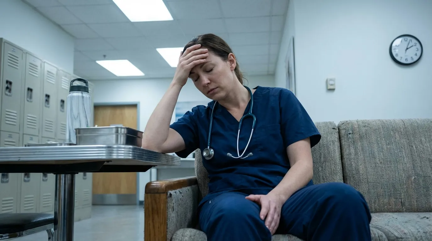 Healthcare worker resting in clinic break room during shift break