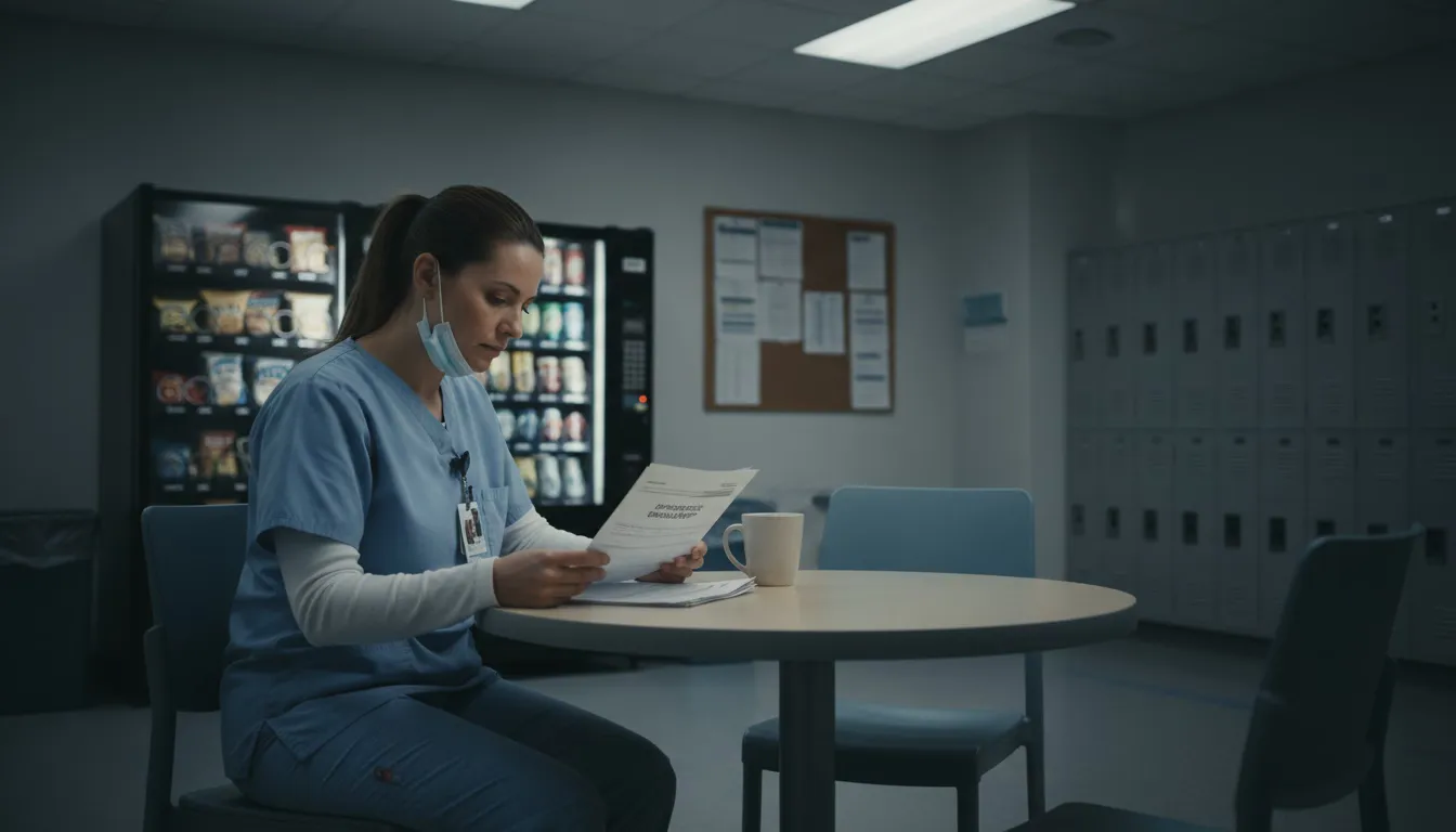 Healthcare aide in scrubs reviewing benefits paperwork in hospital break room