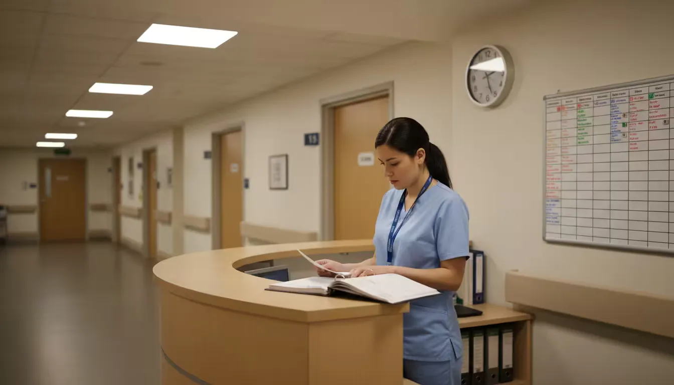 Eye-level shot of a medical assistant in scrubs reviewing paperwork at a nurses' station in a community health clinic during an afternoon shift.