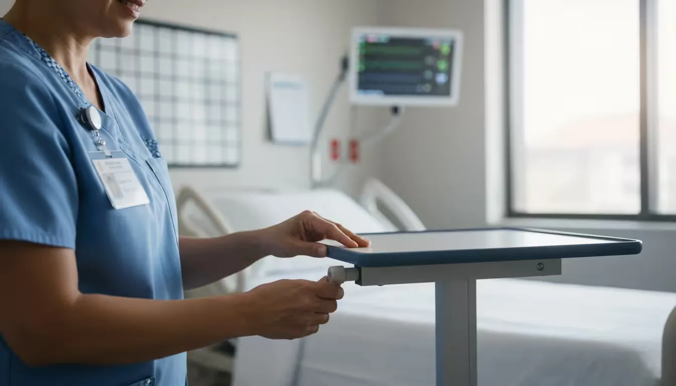 Photorealistic close-up shot of a certified nursing assistant's hands adjusting a patient's bedside equipment in a well-lit hospital room, captured at