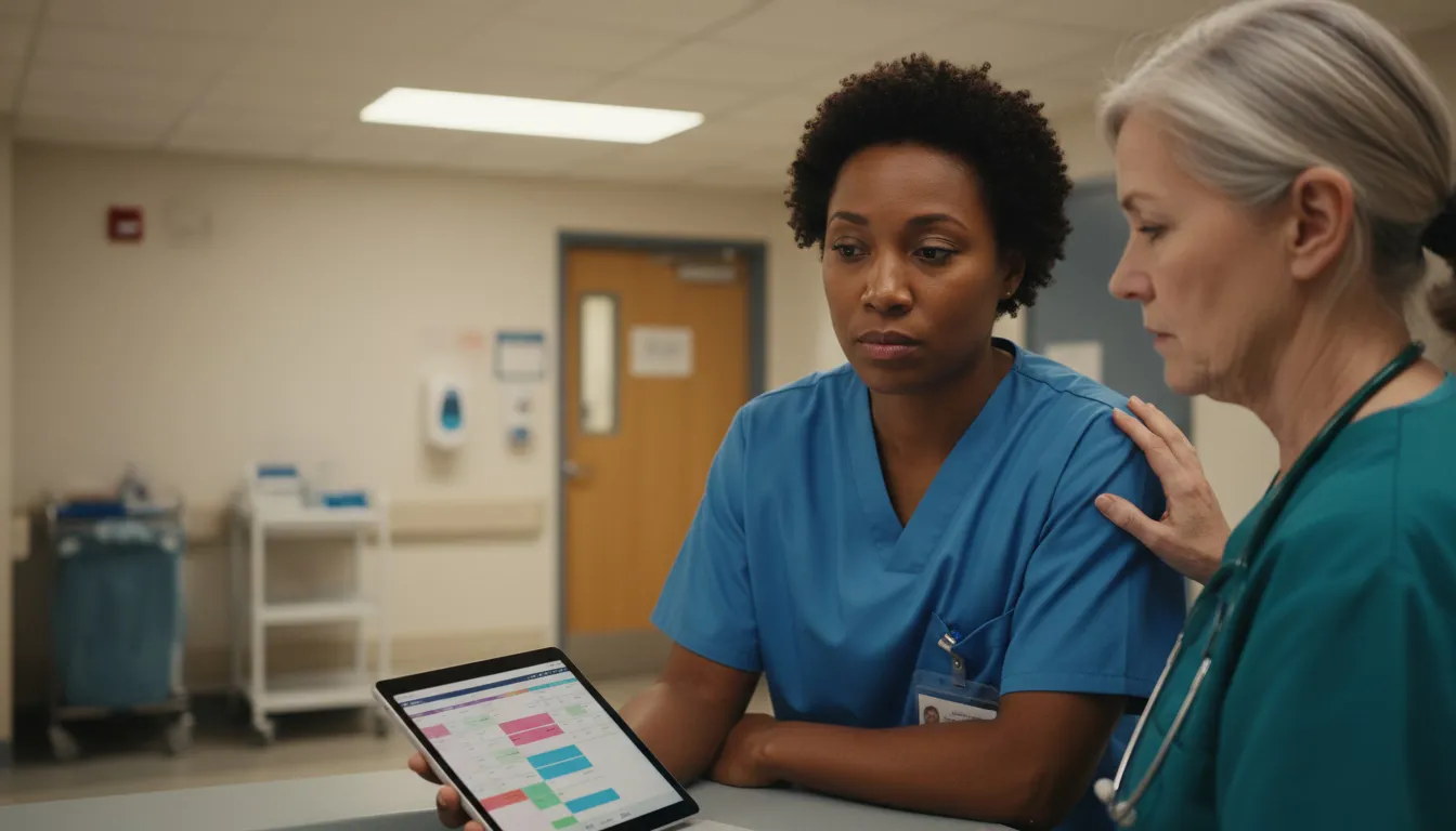 Healthcare workers in scrubs having supportive conversation at nurses station