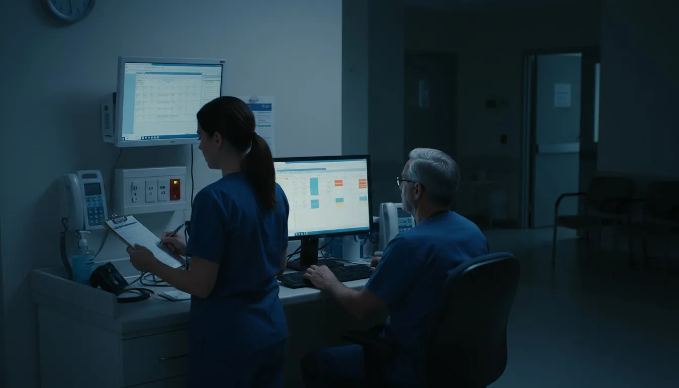 Two nurses at station during overnight hospital skeleton shift