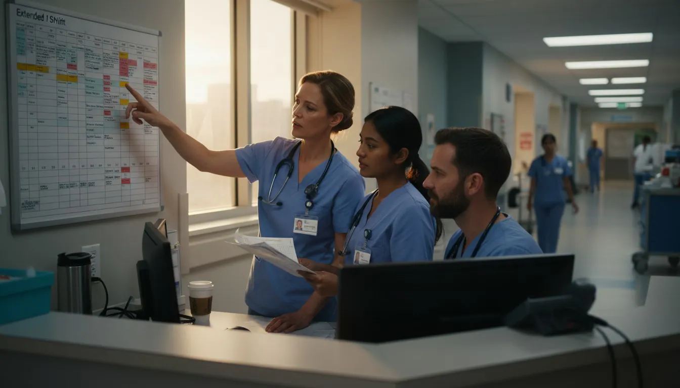 Nurses at station reviewing extended shift schedule during overtime