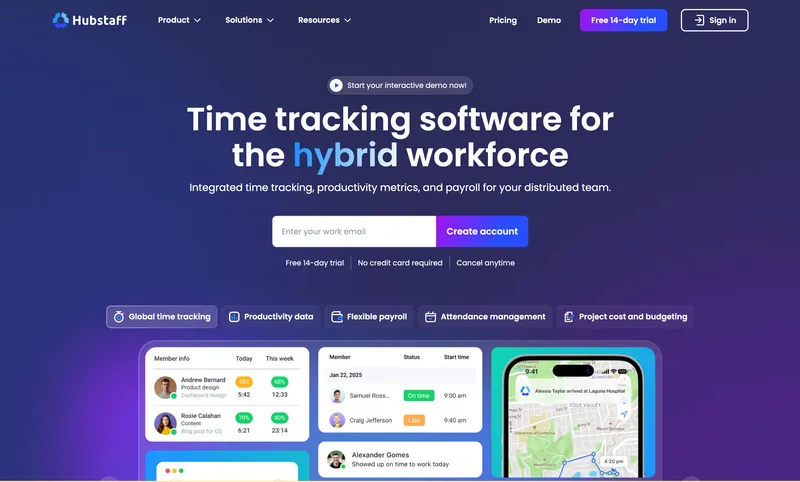 Hubstaff time tracking software for remote teams homepage