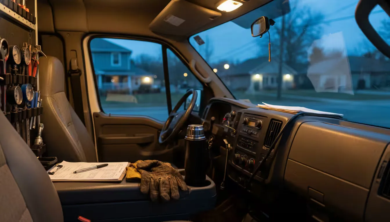 Close-up interior shot of an HVAC service van during blue hour evening light, dashboard illuminated by ambient interior lighting.