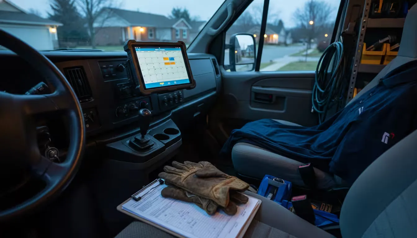 Close-up interior shot of an HVAC service van during blue hour evening light, photographed from the passenger side looking toward the driver's area.
