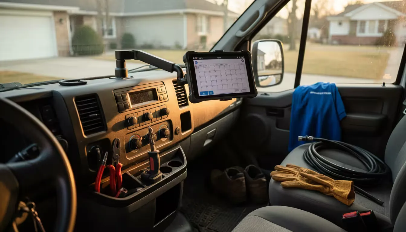 Close-up interior shot of a service van dashboard and front cabin area at a residential job site, showing an HVAC technician's work environment betwee
