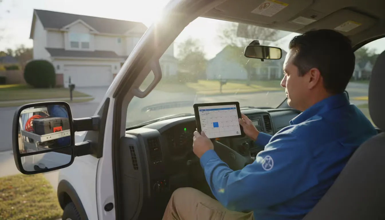 Over-the-shoulder shot from behind an HVAC technician sitting in the driver's seat of a service van at a residential job site.