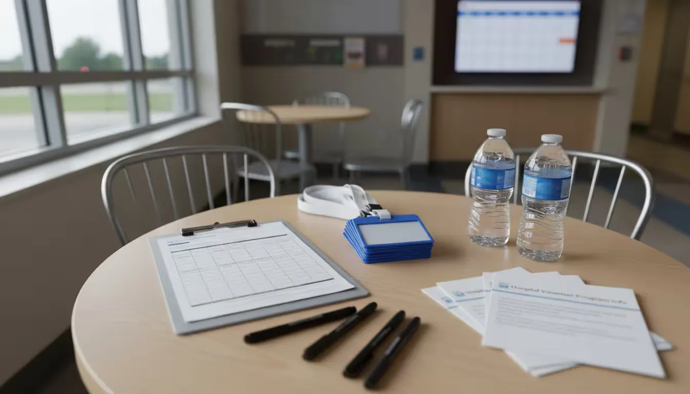 Close-up overhead shot of a small table surface showing interview preparation materials arranged naturally.