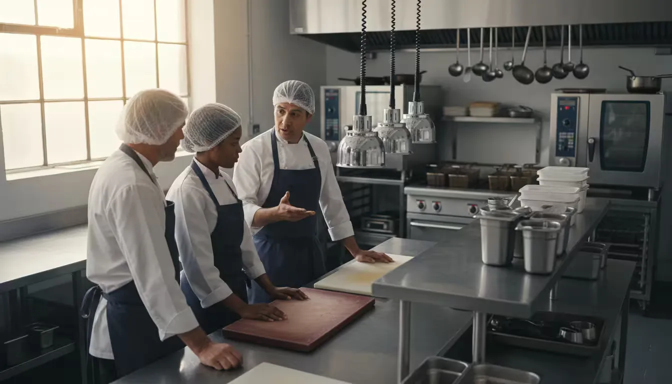 Over-the-shoulder shot in a commercial kitchen during morning prep time, natural window light mixing with overhead work lights creating a warm, focuse