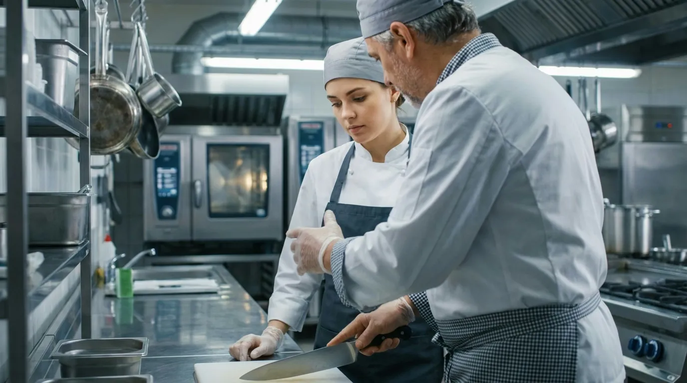 Kitchen workers during knowledge transfer at commercial prep station