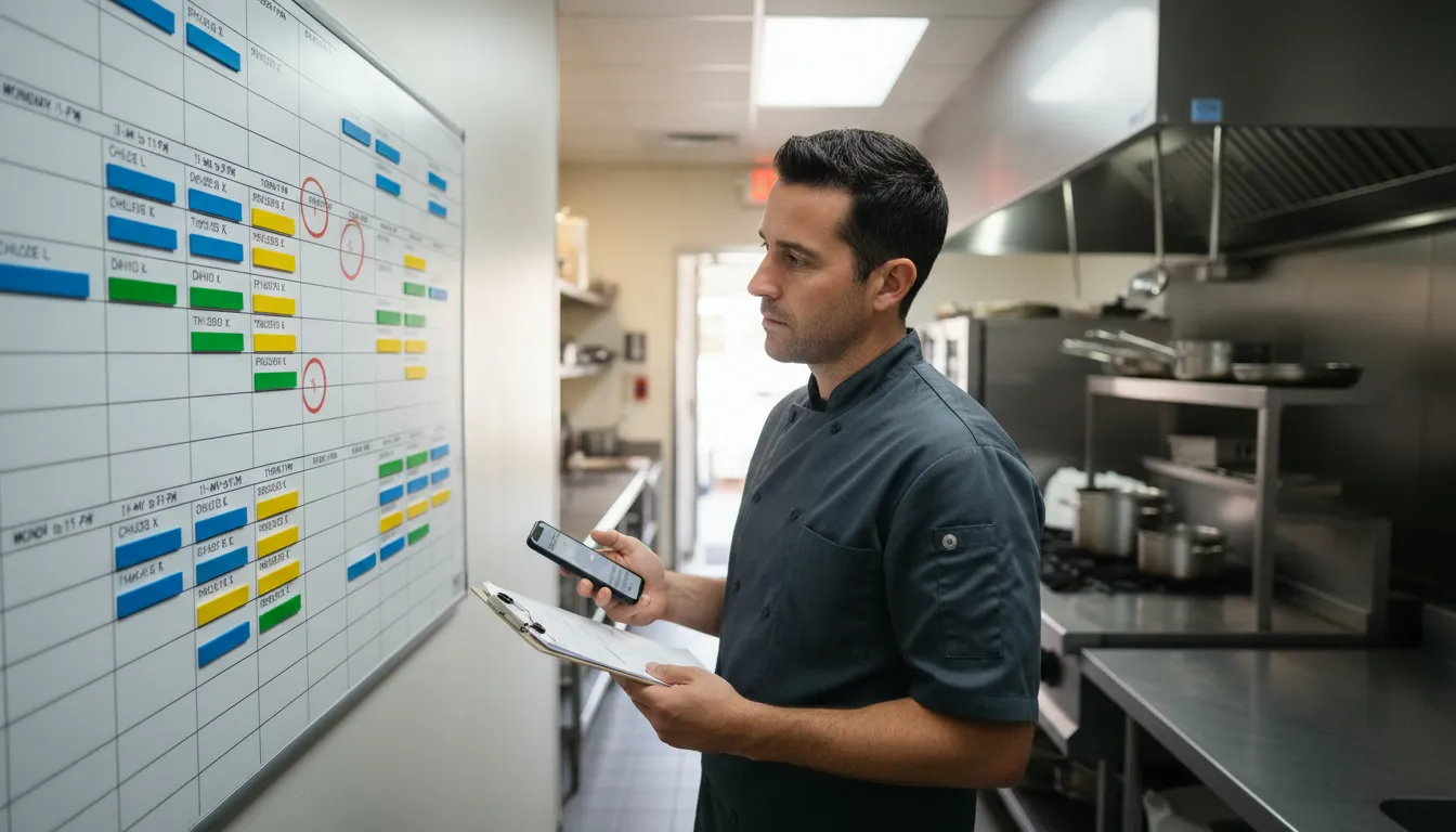 Restaurant manager reviewing wall schedule with marked no-show shifts