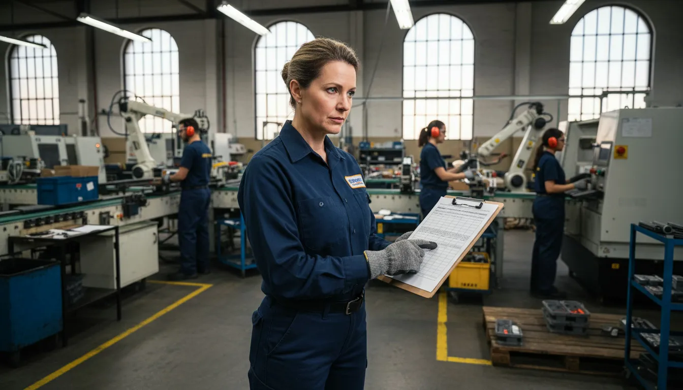 Supervisor reviewing overtime rotation schedule on manufacturing floor
