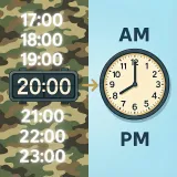 Illustration comparing a 24-hour flip clock to a 12-hour analog clock