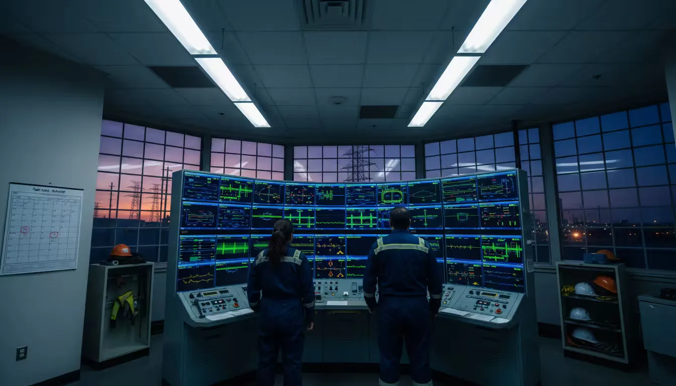 Wide shot of an industrial control room in a power generation facility, photographed from behind the operators showing multiple monitoring screens mounted on the wall. Two utility workers in company uniforms stand at their stations during a 12-hour shift.