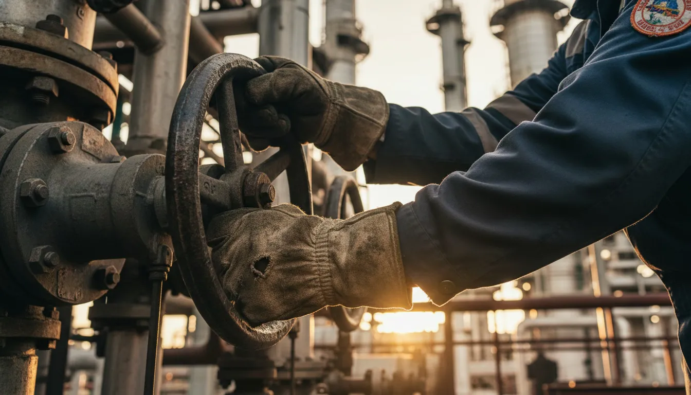 Refinery worker's hands operating valve controls during fourth shift day