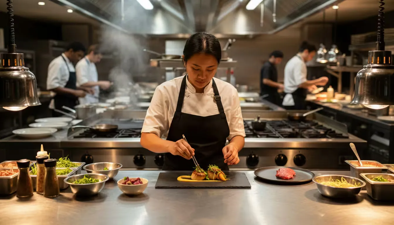 Photorealistic wide shot of a restaurant kitchen during evening dinner service, captured from a slightly elevated angle near the pass.