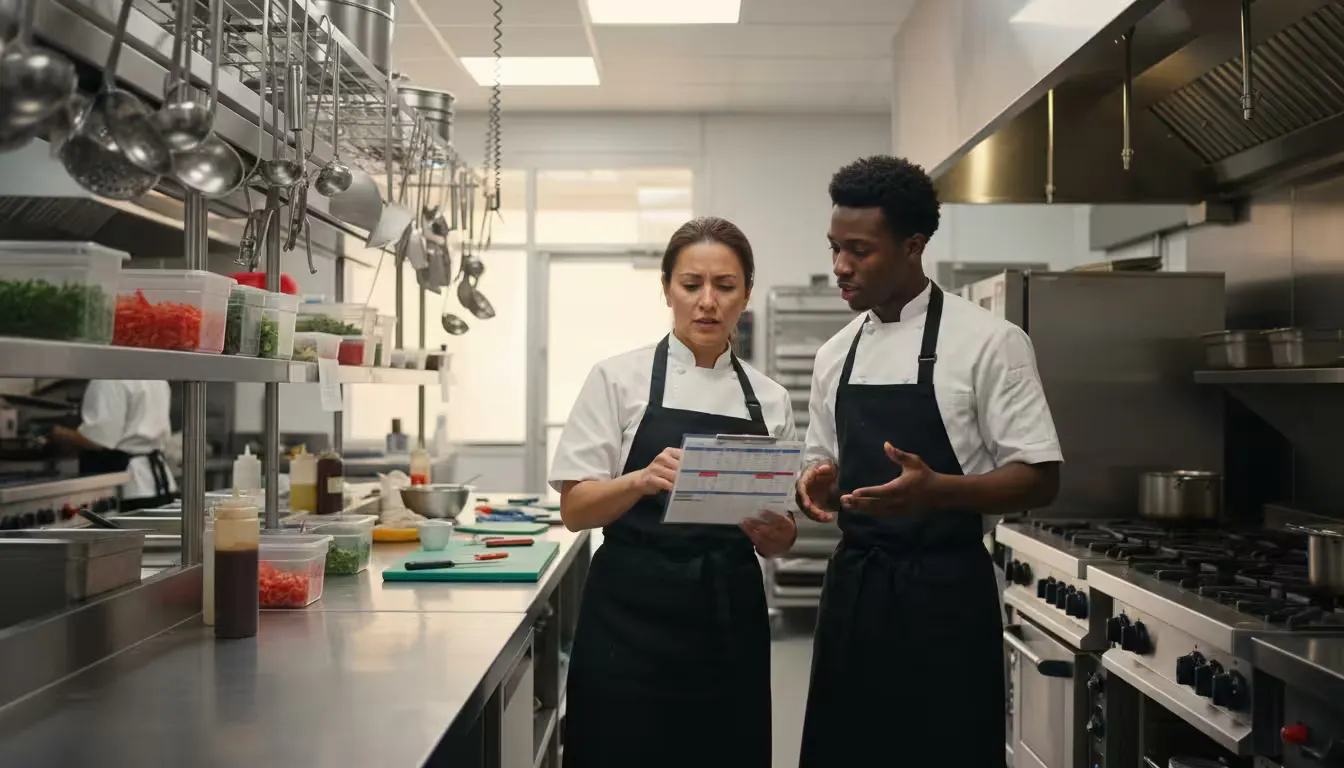 Wide shot of a commercial kitchen during the afternoon pre-service period, captured from a slightly elevated angle.