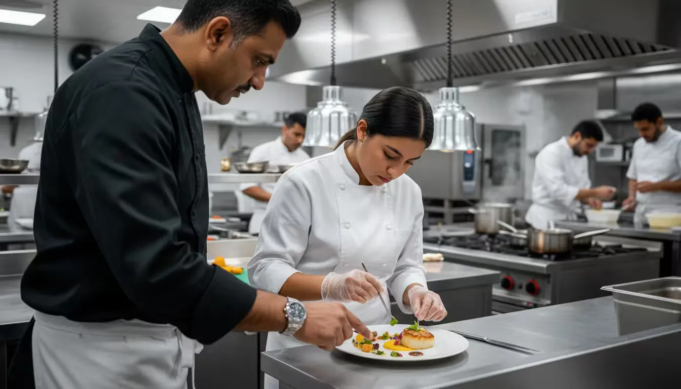 Executive chef watching culinary apprentice plate a dish at prep station.