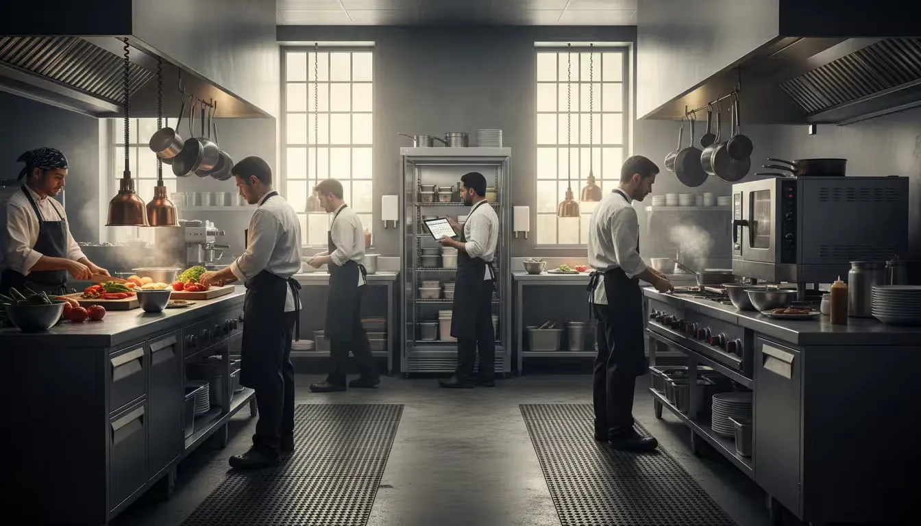 Commercial restaurant kitchen during early morning prep before opening